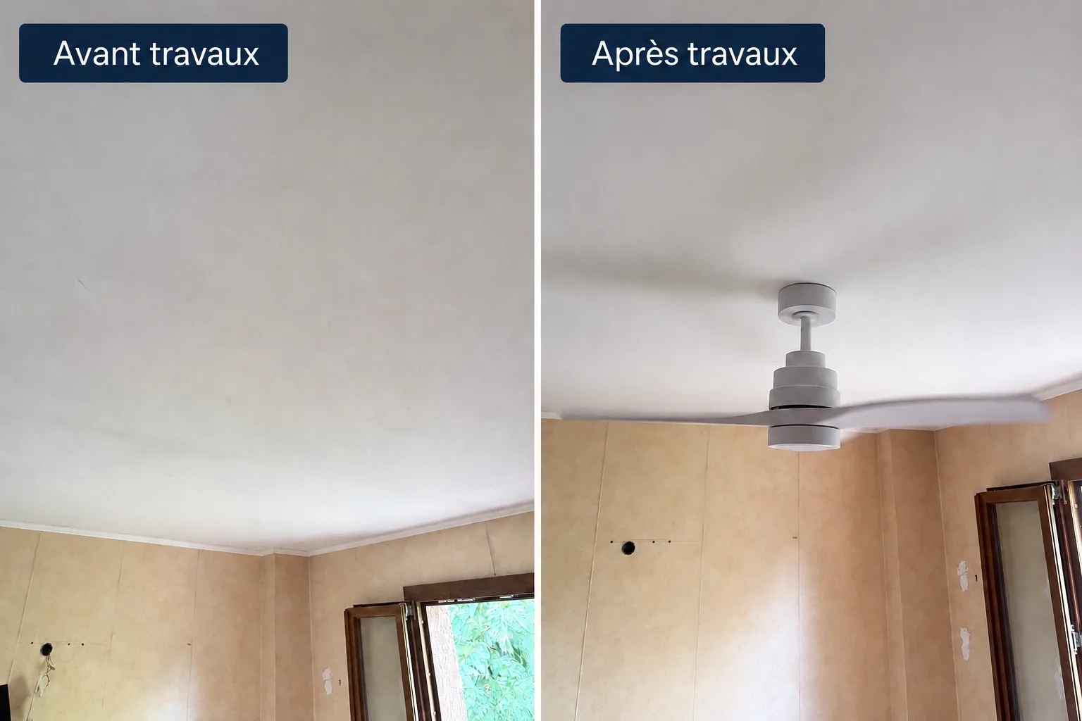 Avant et après de l'installation d'un point lumineux au plafond